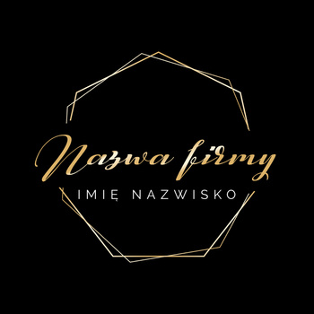 Logo na czarnym tle ze złotą czcionką i heksagonem