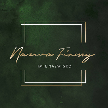 Logo na zielonym tle ze złotymi literami czcionka ozdobna w kwadratowej ramce