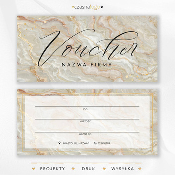 Marmurowy projekt vouchera podarunkowego ze złotymi dodatkami