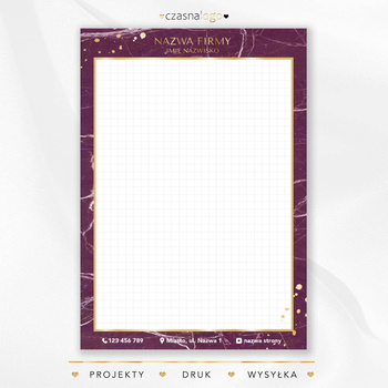 Notes w kratkę ze złotymi dodatkami na fioletowym tle