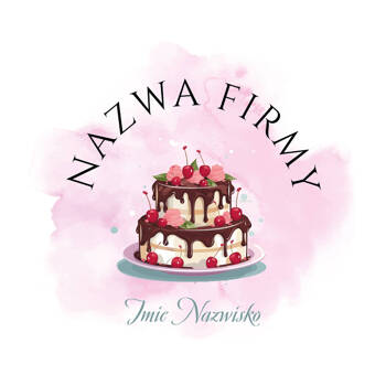 Ozdobny projekt logo z dużym tortem na różowym akwarelowym tle