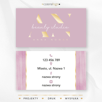 Pastelowo różowy projekt wizytówki z białymi i złotymi elementami