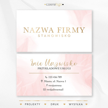 Projekt biało różowej wizytówki ze złotą czcionką
