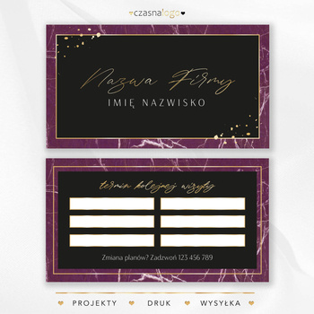 Projekt terminarzyka wizyt ze złotymi dodatkami na czarno fioletowym tle