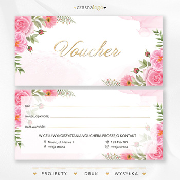 Projekt voucher podarunkowy w kwiaty z dodatkiem złotych liter