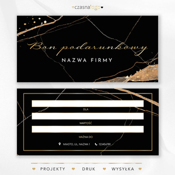 Projekt vouchera podarunkowego ze złotą elegancką czcionką