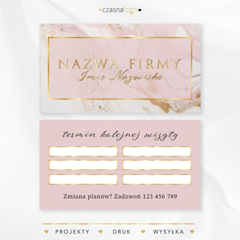 Projekt złoconego terminarzyka wizyt na różowo białym marmurowym tle