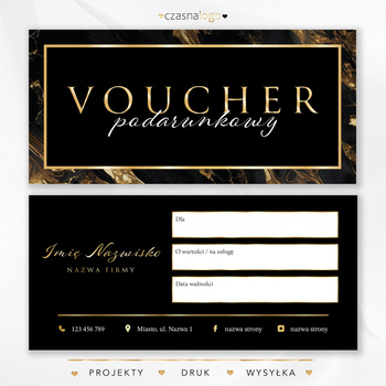 Projekt złoconego vouchera podarunkowego na czarnym marmurowym tle