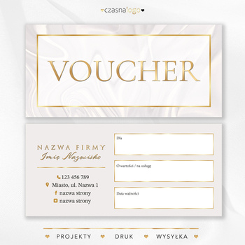 Projekt złoconego vouchera podarunkowego na jasnym satynowym tle