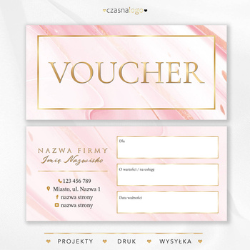 Projekt złoconego vouchera podarunkowego różowym cukierkowym tle