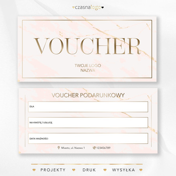 Pudrowy projekt vouchera podarunkowego ze złotą elegancką czcionką