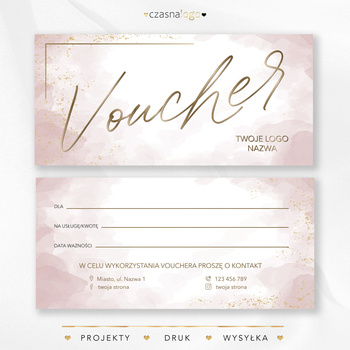 Pudrowy voucher podarunkowy z ozdobną złotą czcionką