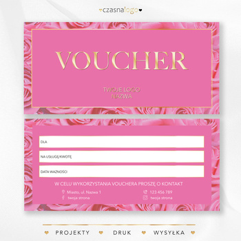 Różowy elegancki voucher podarunkowy ze złotą czcionką