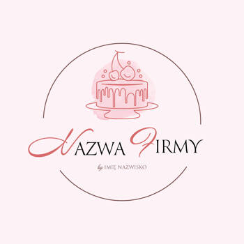 Różowy projekt logo z tortem w stylu line art i ozdobną czcionką z inicjałami