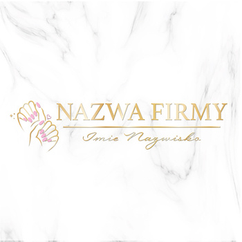 Złocone logo z grafiką paznokci na białym marmurowym tle