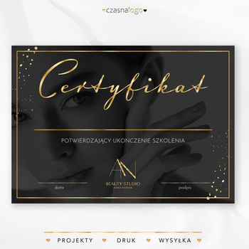 Złocony projekt certyfikatu na czarnym tle ze zdjęciem