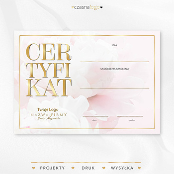 Złocony projekt certyfikatu na delikatnie różowym kwiecistym tle