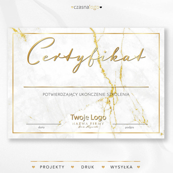 Złocony projekt certyfikatu na eleganckim białym marmurowym