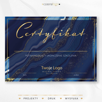 Złocony projekt certyfikatu na eleganckim niebieskim marmurowym