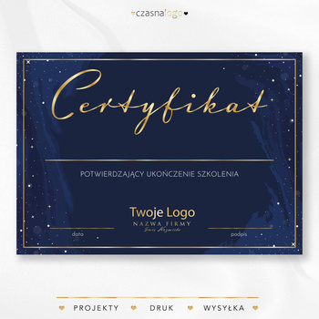 Złocony projekt certyfikatu na eleganckim niebieskim tle z gwiazdkami