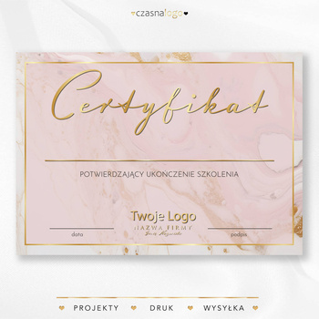 Złocony projekt certyfikatu na eleganckim różowym marmurowym
