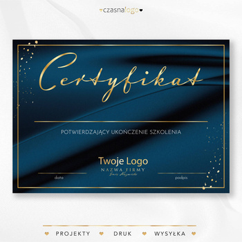 Złocony projekt certyfikatu na eleganckim satynowym niebieskim tle
