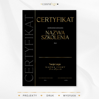 Złocony projekt certyfikatu na intensywnie czarnym tle pionowy