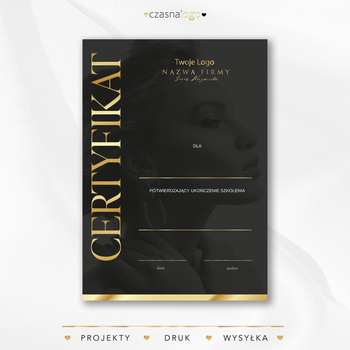 Złocony projekt certyfikatu pionowego z klasyczną czcionką na czarnym tle