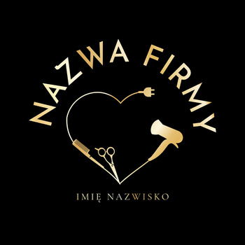 Złocony projekt logo z klasyczną czcionką z nożyczkami i grzebieniem