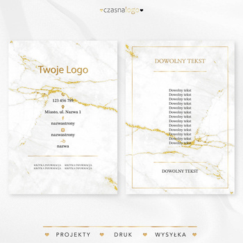 Złocony projekt ulotki na białym marmurowym tle