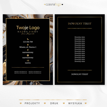 Złocony projekt ulotki na marmurowym biało czarnym tle