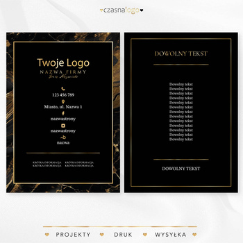 Złocony projekt ulotki na marmurowym czarnym tle