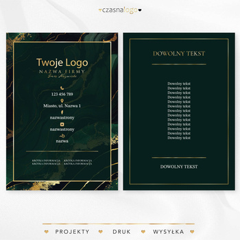 Złocony projekt ulotki na marmurowym zielonym tle