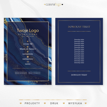 Złocony projekt ulotki na niebieskim marmurowym tle