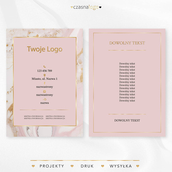 Złocony projekt ulotki na różowym marmurowym tle