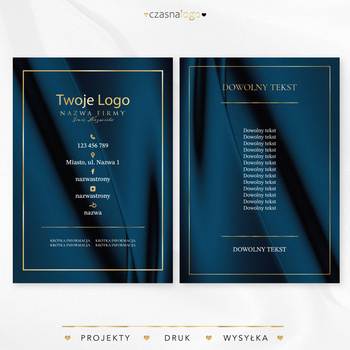 Złocony projekt ulotki na satynowym niebieskim tle