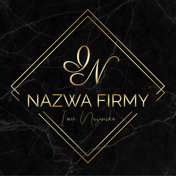 Złote logo w asymetrycznych ramkach z inicjałami. Projekt logo z ozdobną czcionką. Elegancki logotyp na czarnym, marmurowym tle